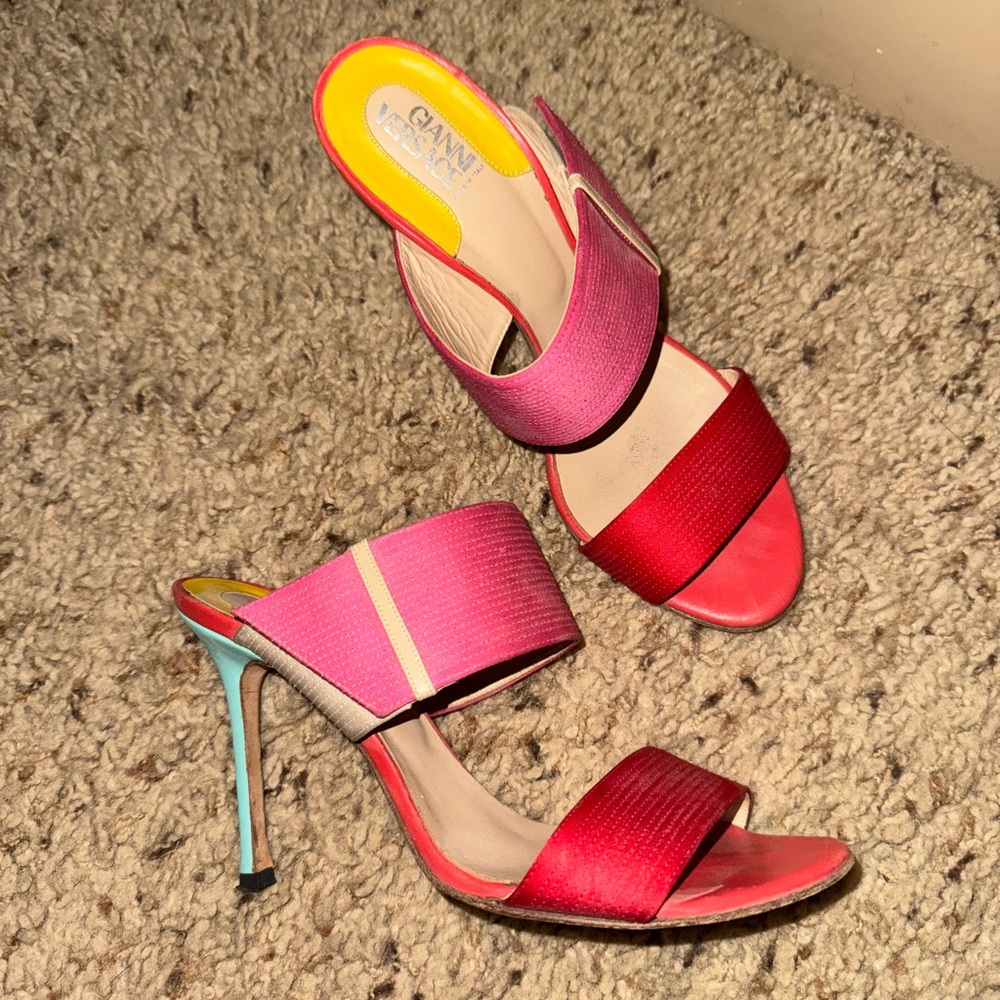 Versace Pink and Red Heels with Sleek Mule Design